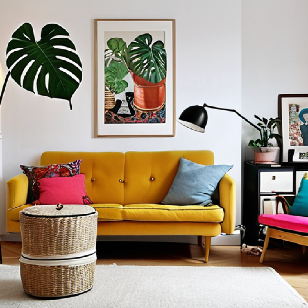 **A cozy living room in a Swedish apartment, featuring white walls, colorful cushions and art, a repurposed vintage bureau painted in a modern color, a floor lamp for reading, fairy lights for ambiance, and a Monstera plant.**