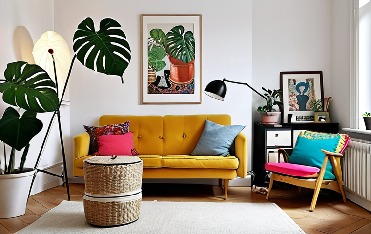 **A cozy living room in a Swedish apartment, featuring white walls, colorful cushions and art, a repurposed vintage bureau painted in a modern color, a floor lamp for reading, fairy lights for ambiance, and a Monstera plant.**